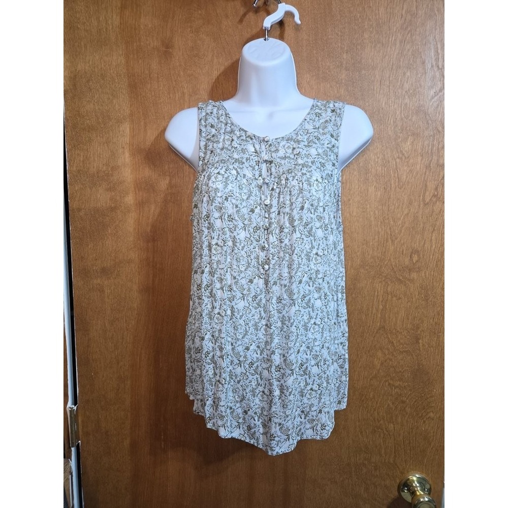 Lucky Brand Floral Sleeveless Blouse Womens XS White Olive Green Boho Button Top